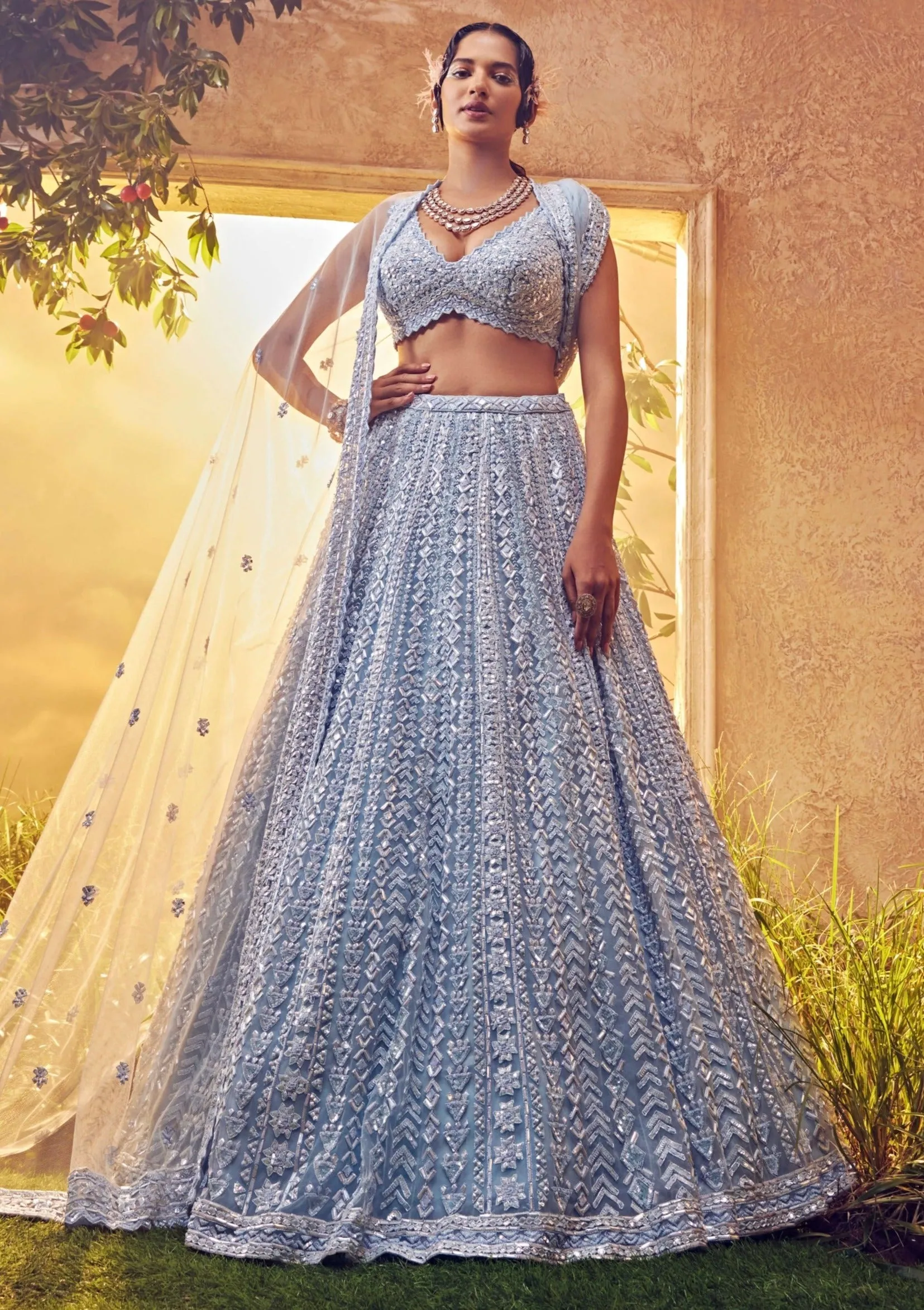 Sky blue tulle lehenga set