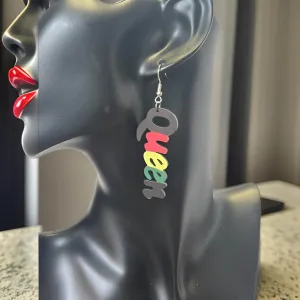 Small  Wooden QUEEN Dangle Earrings