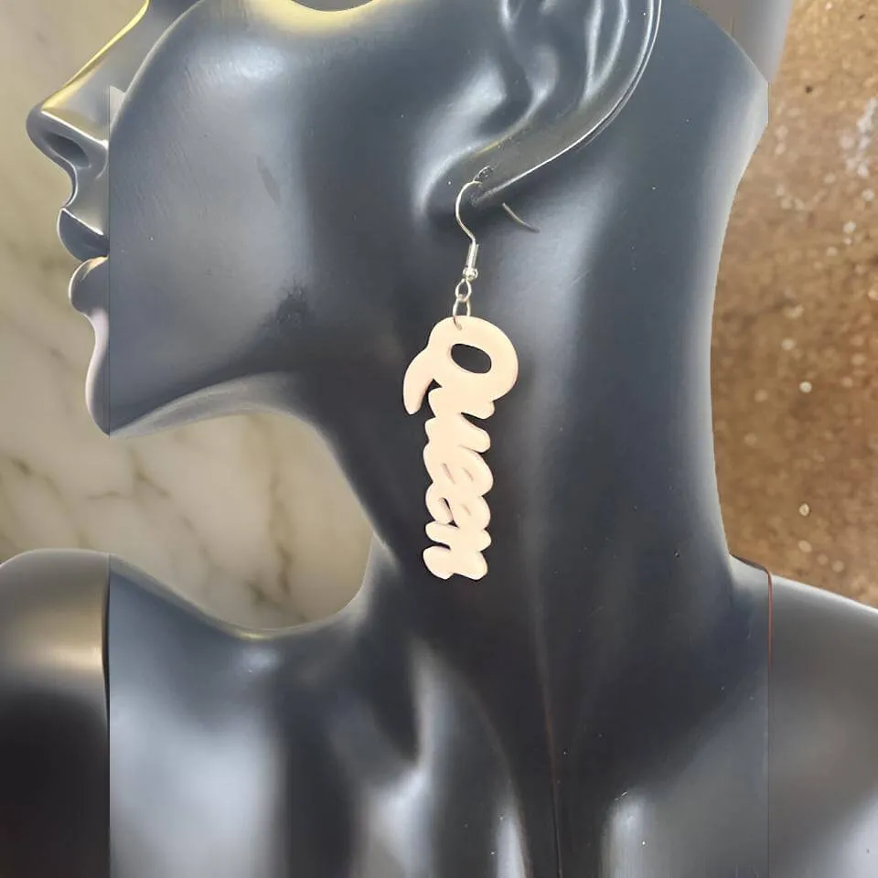 Small  Wooden QUEEN Dangle Earrings