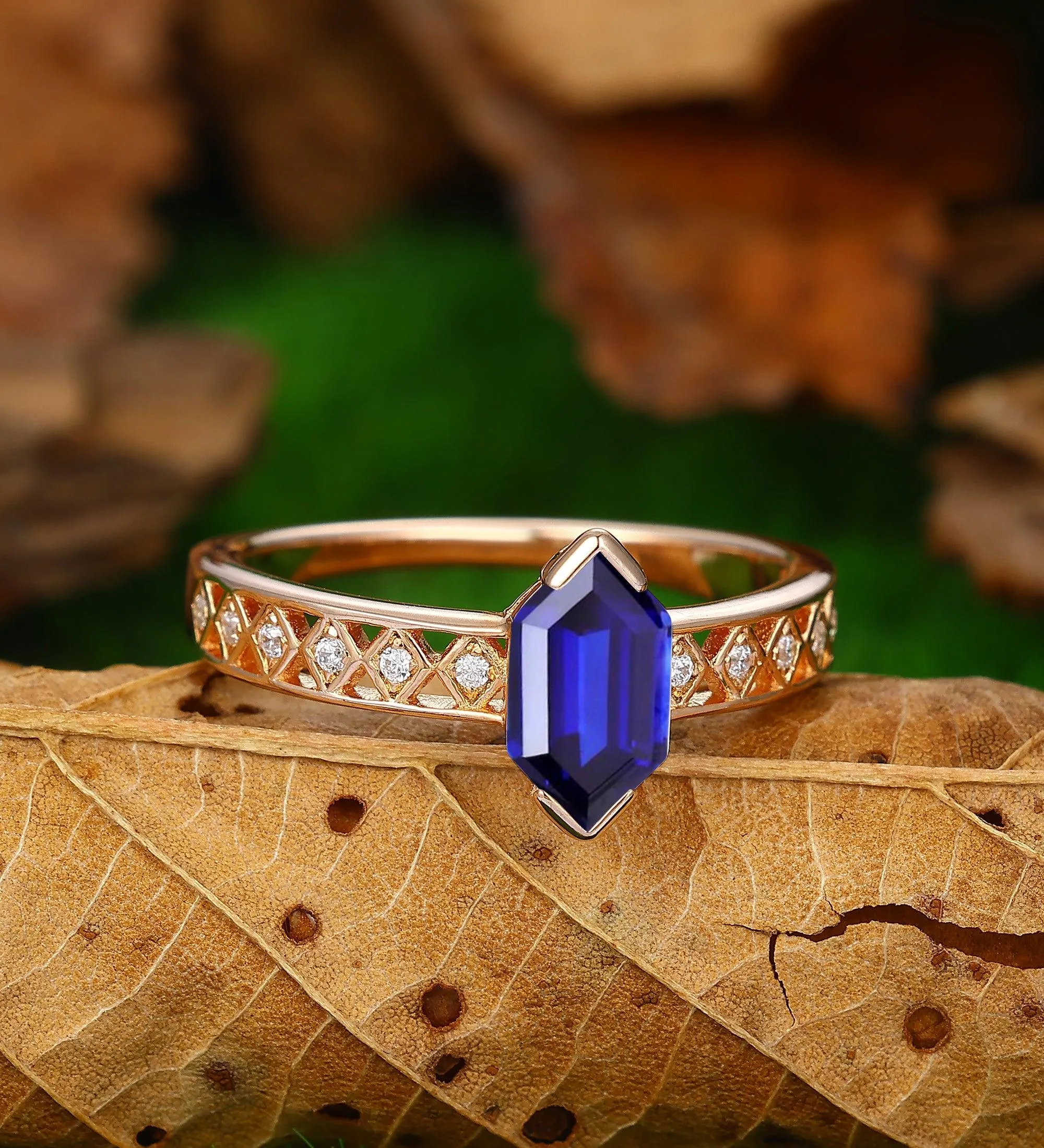 Solitaire  Blue Sapphire  Solid 14k Rose Gold Engagement Ring