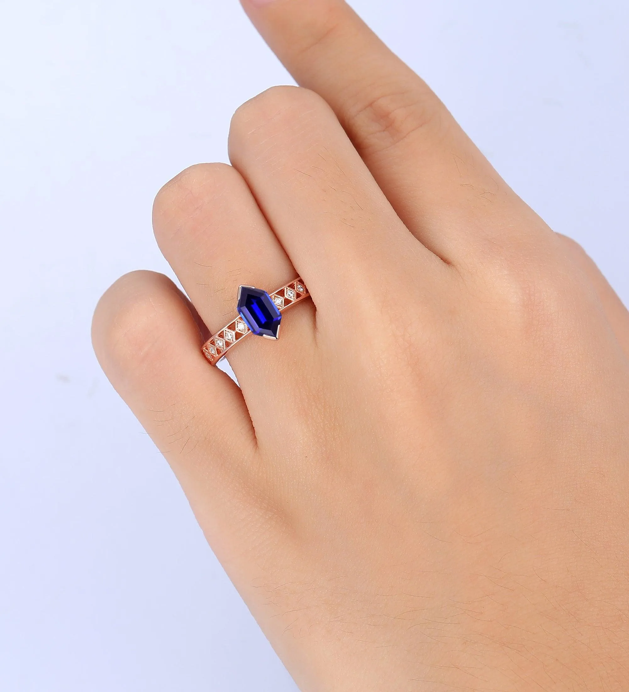 Solitaire  Blue Sapphire  Solid 14k Rose Gold Engagement Ring