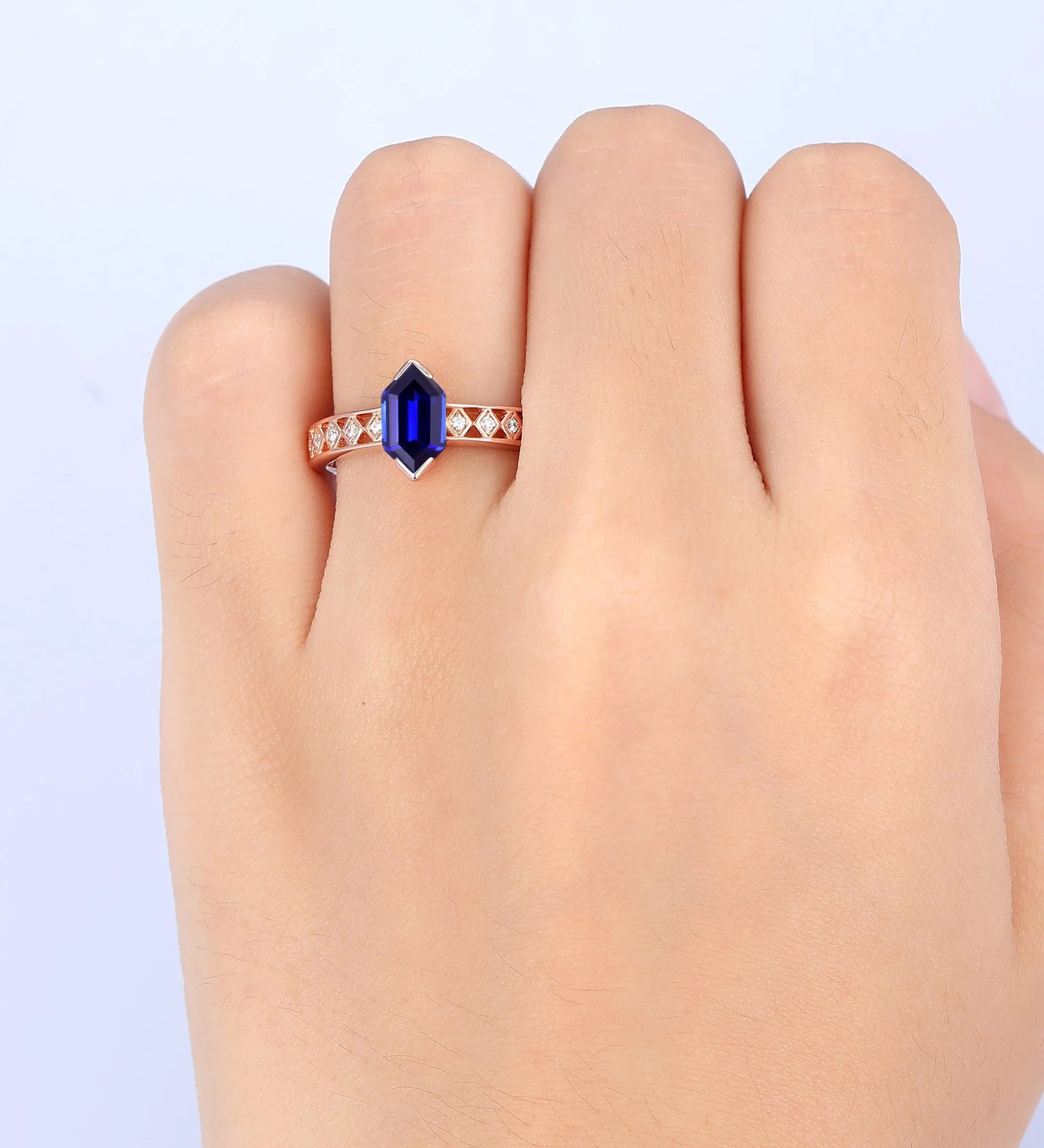 Solitaire  Blue Sapphire  Solid 14k Rose Gold Engagement Ring