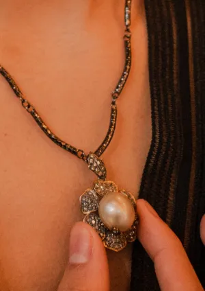 South Sea Golden Pearl and Champagne Diamond Flower Pendant Necklace