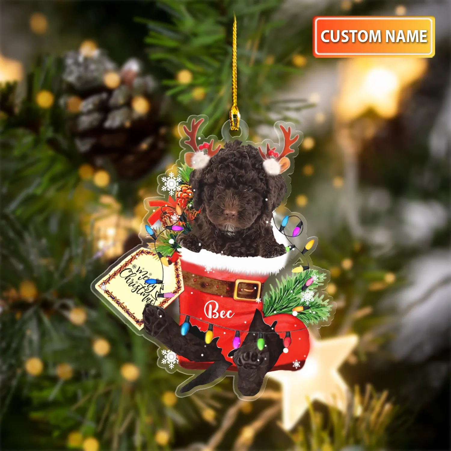 SPANISH WATER DOG IN SNOW POCKET CHRISTMAS ACRYLIC ORNAMENT