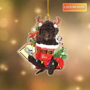 SPANISH WATER DOG IN SNOW POCKET CHRISTMAS ACRYLIC ORNAMENT