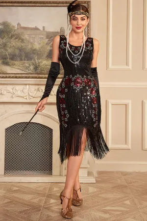 Sparkly Black Sleeveless Sequins 1920s Flapper Dress with Fringes