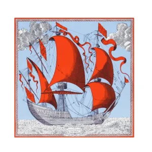 Square Scarf, Tall Ship In Blue With Red Sails