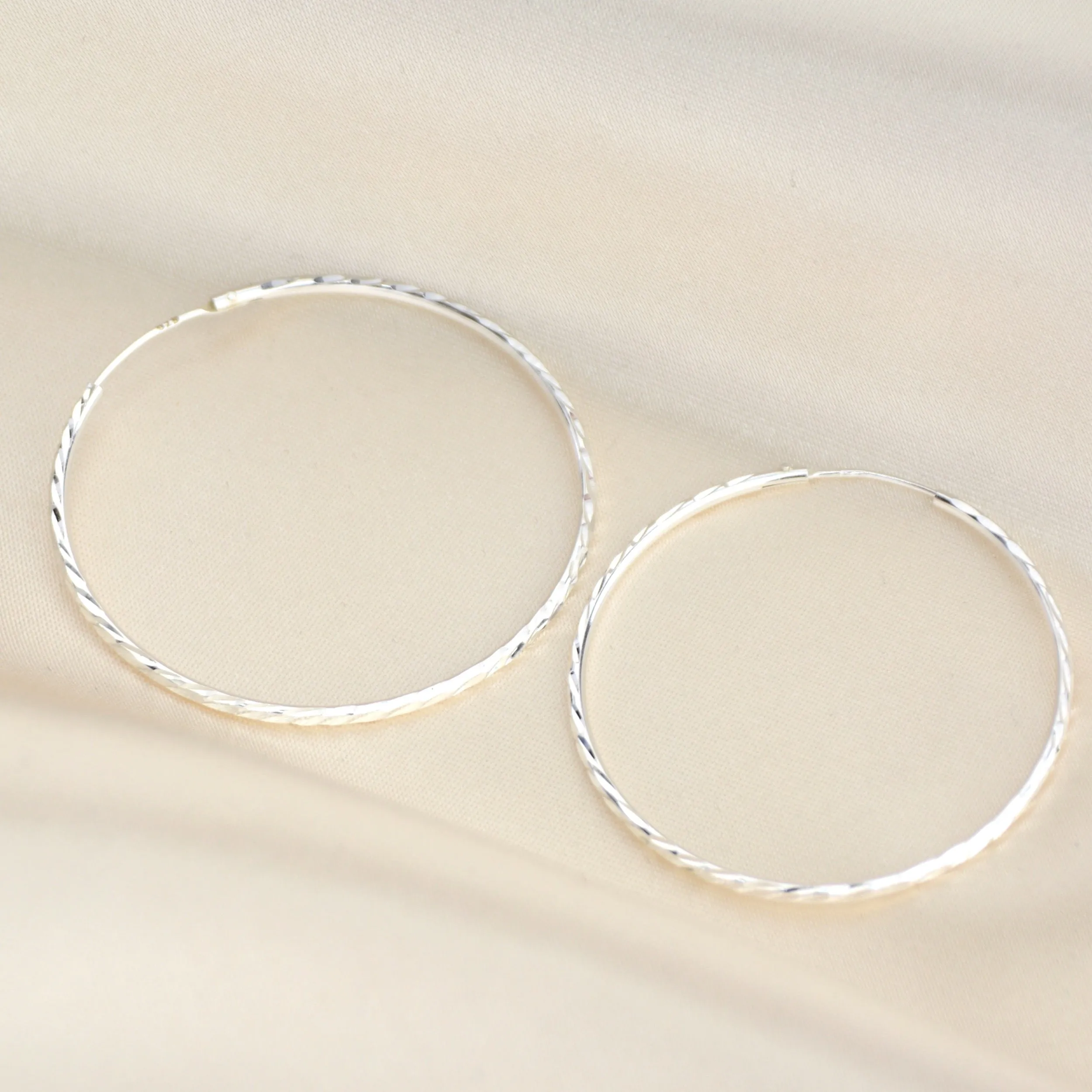 Sterling Silver Large Fine Textured Hoop Earrings