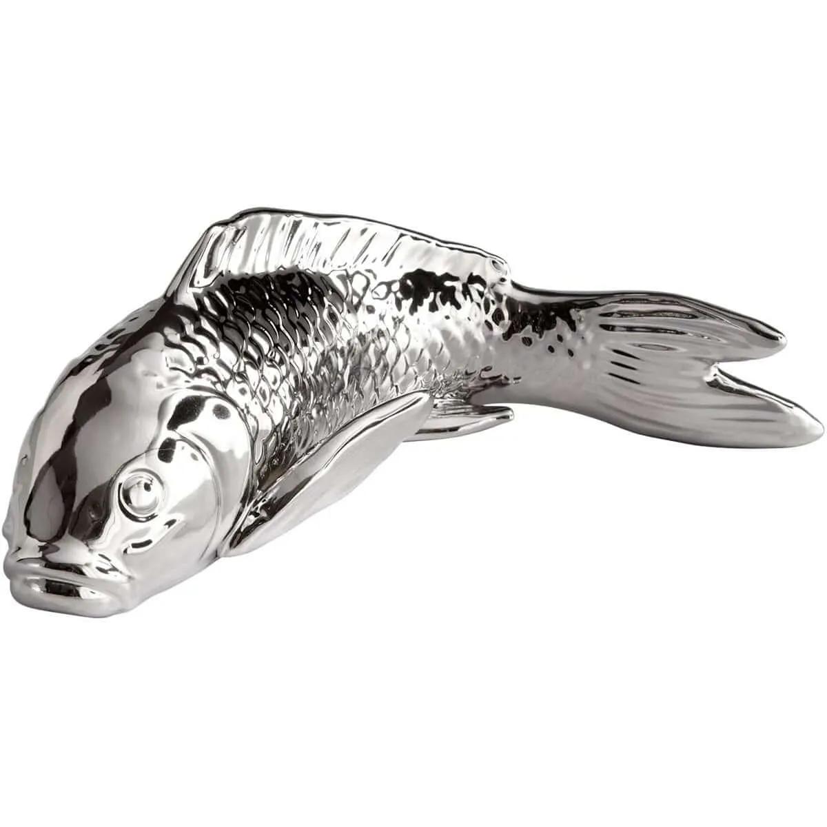Swimmingly Sweet Small Silver Painted Ceramic Koi Fish Sculpture, Beachy Décor