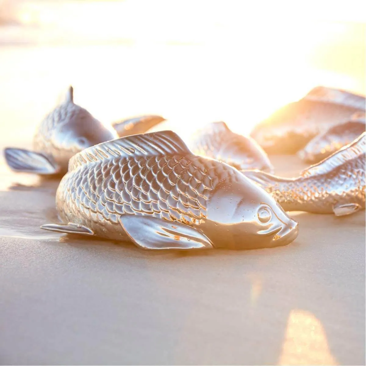 Swimmingly Sweet Small Silver Painted Ceramic Koi Fish Sculpture, Beachy Décor
