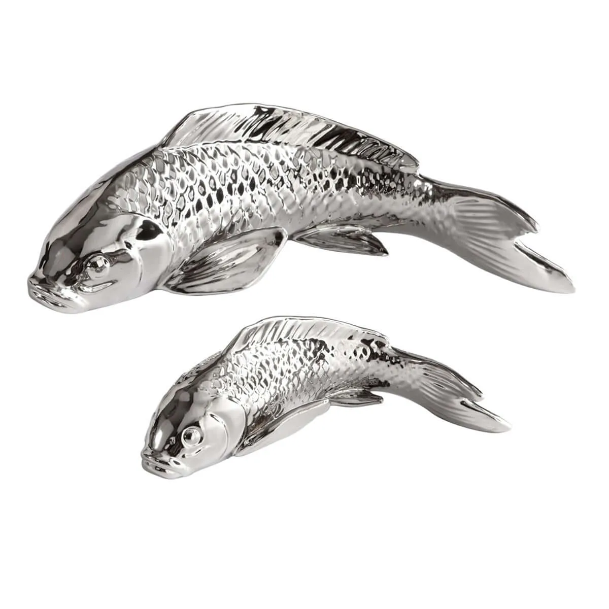 Swimmingly Sweet Small Silver Painted Ceramic Koi Fish Sculpture, Beachy Décor