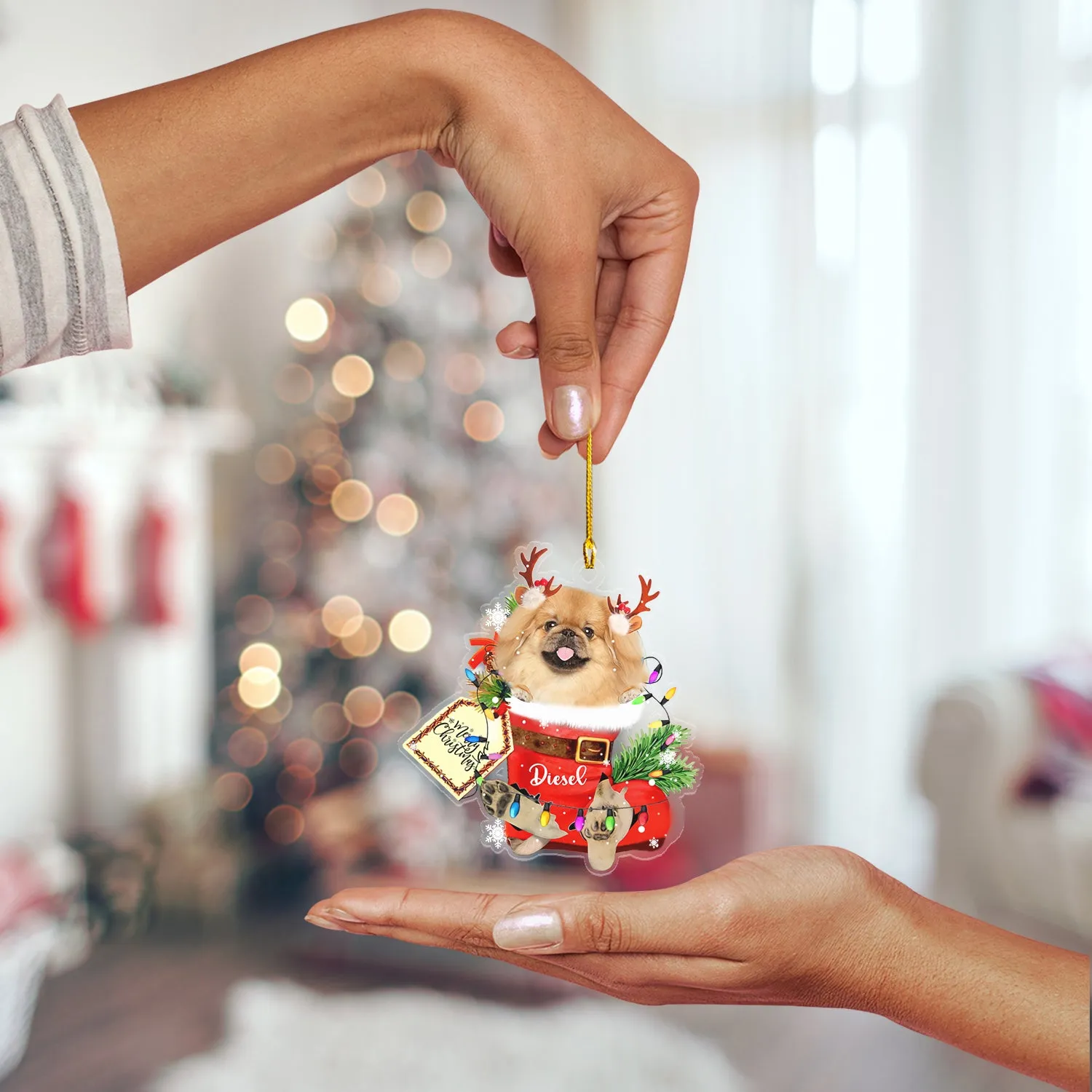 TAN PEKINGESE IN SNOW POCKET CHRISTMAS ACRYLIC ORNAMENT