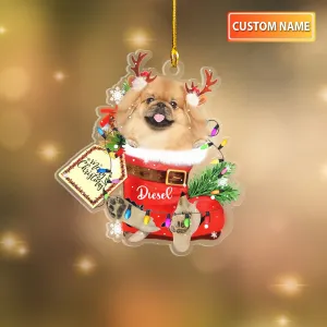 TAN PEKINGESE IN SNOW POCKET CHRISTMAS ACRYLIC ORNAMENT