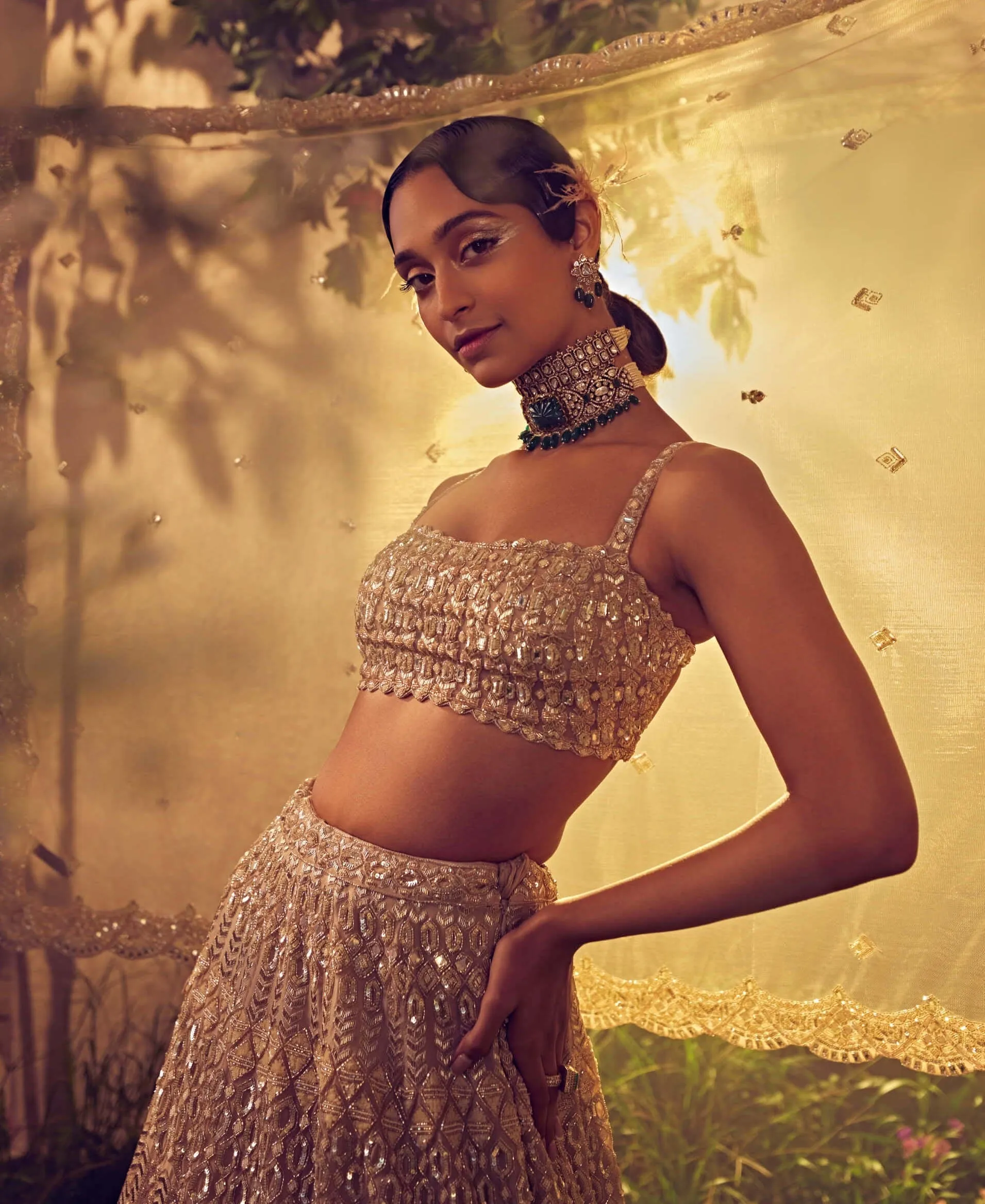 Taupe organza embroidered lehenga set