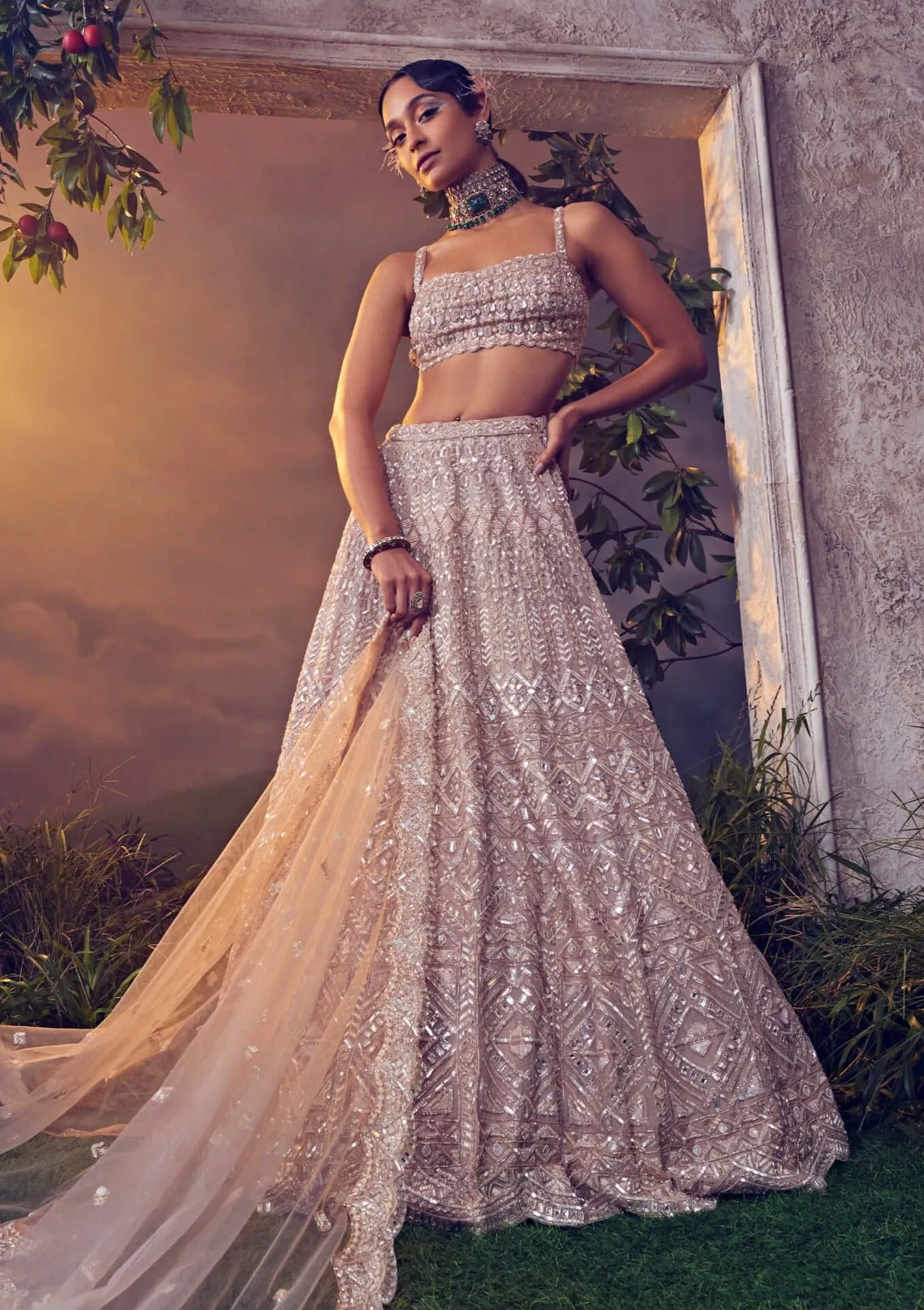 Taupe organza embroidered lehenga set