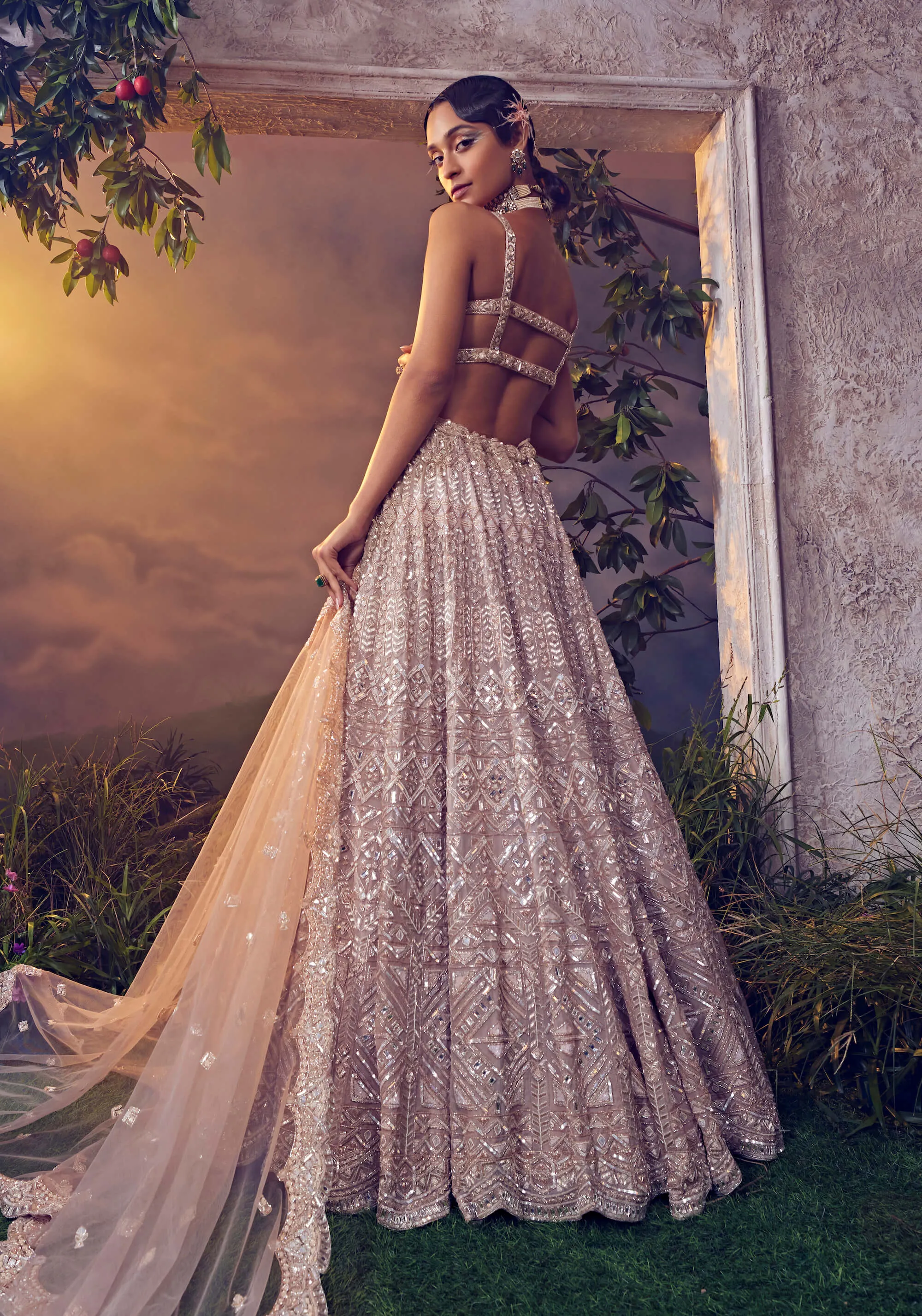 Taupe organza embroidered lehenga set