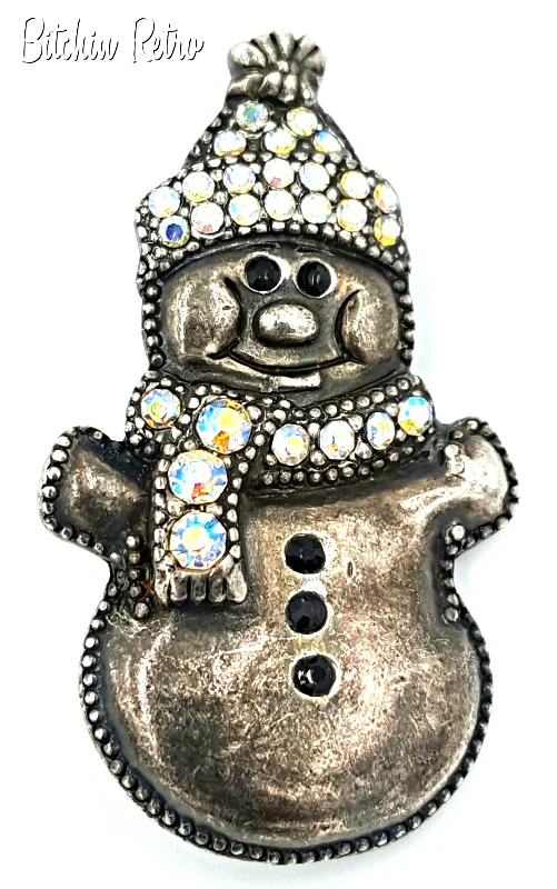 TC Vintage Rhinestone Snowman Brooch - Retro Holiday Pin