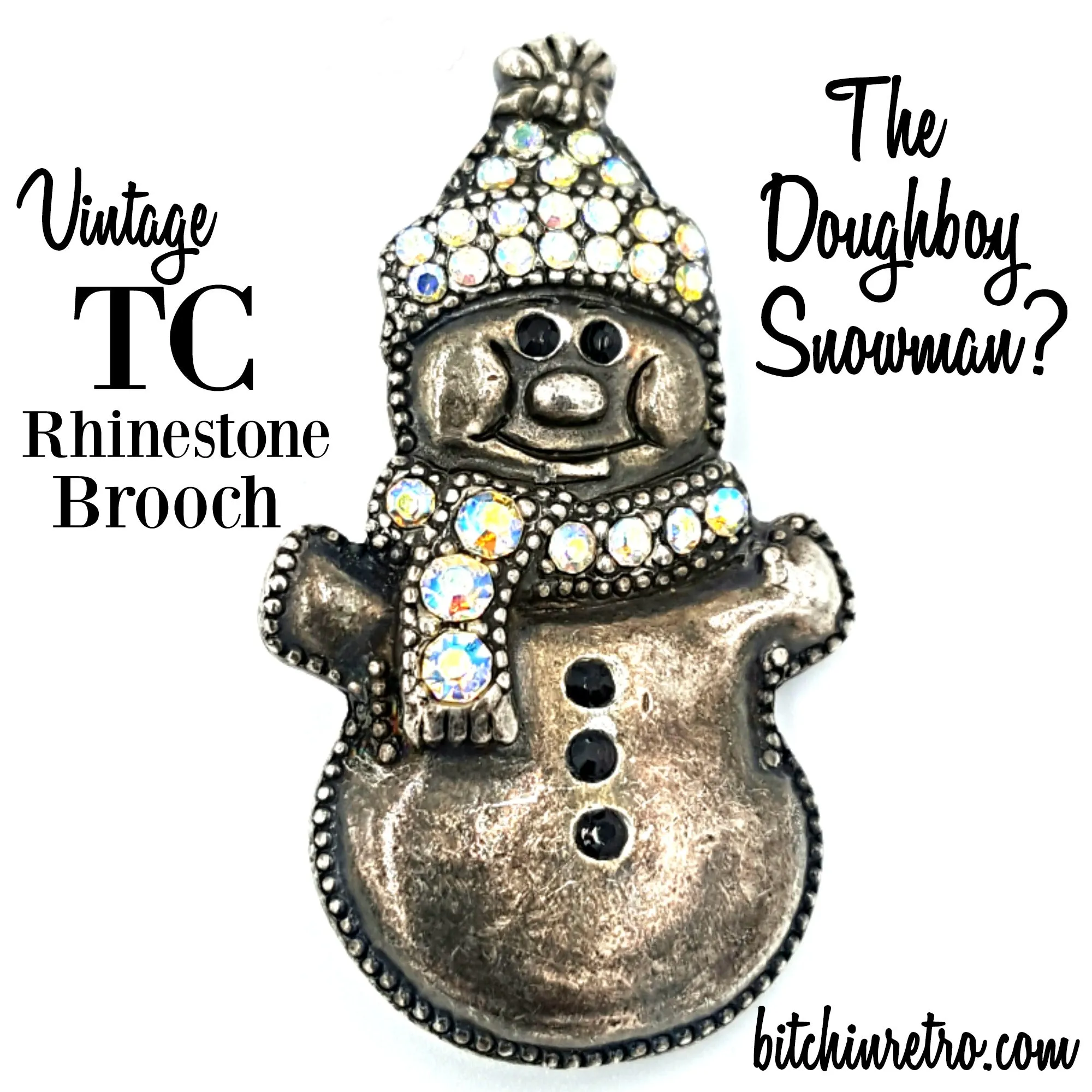 TC Vintage Rhinestone Snowman Brooch - Retro Holiday Pin