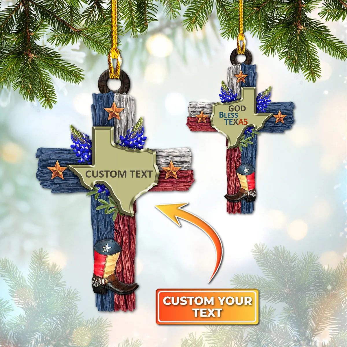 Texas, Cross, God Bless Texas, Custom Shaped Ornament 02