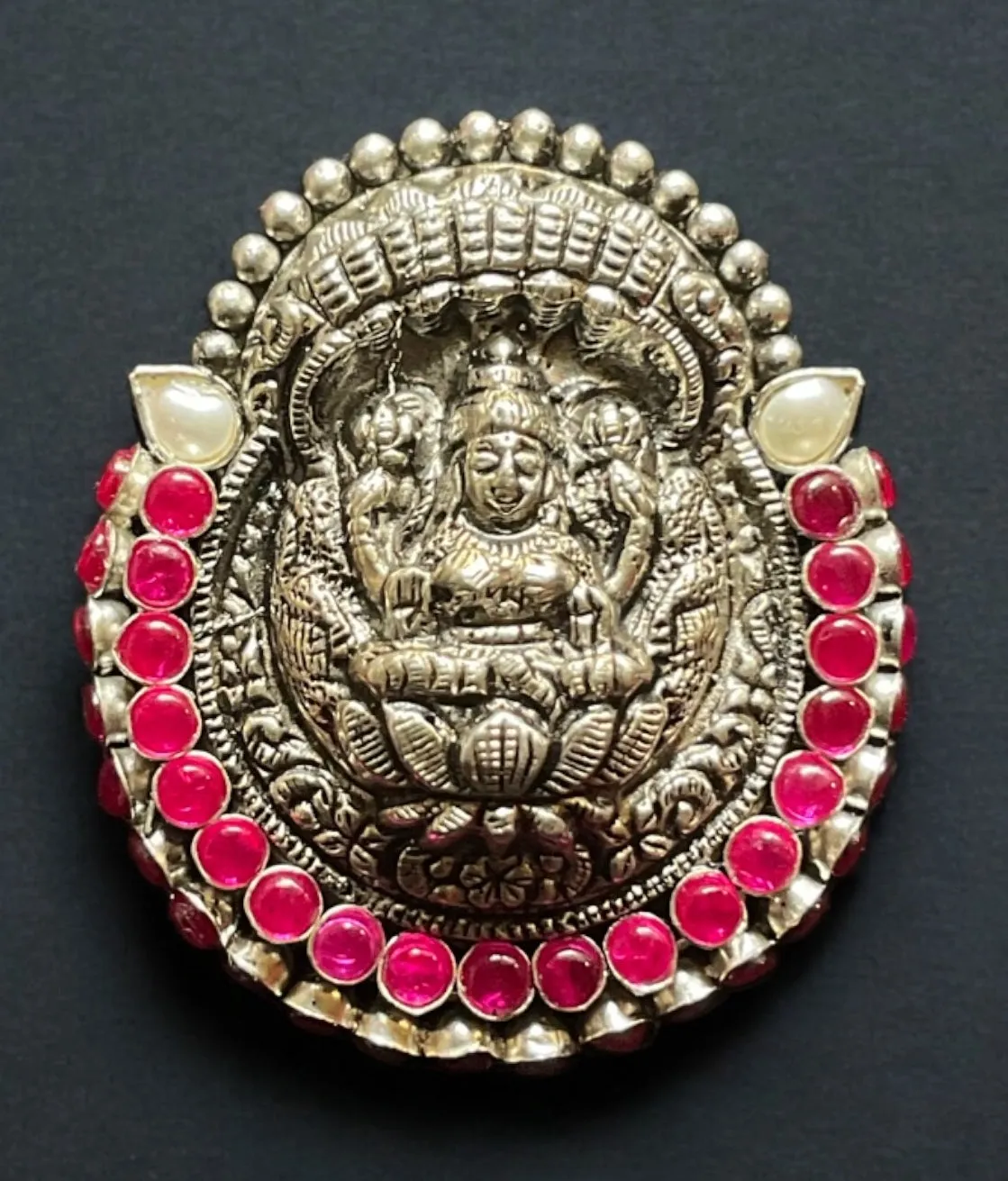 The Abhata Silver Kempu Lakshmi Pendant & Earrings (Oxidised)