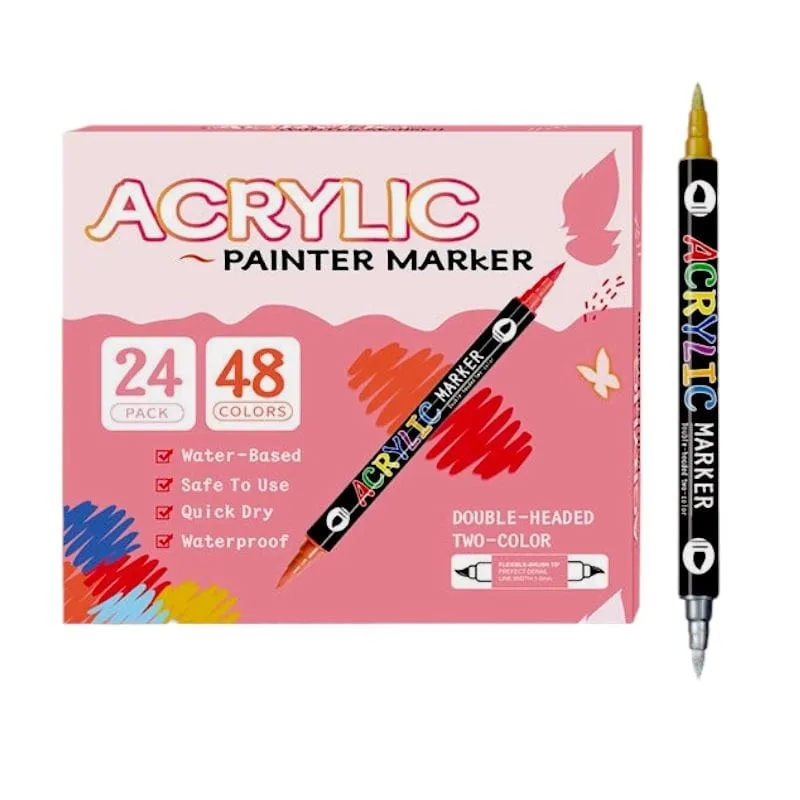 The Art Journey 24-Pack 48 Color Dual-Tip Acrylic Paint Marker Set - 2 Colors Per Pen ART009