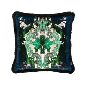 totem damask navy and green fringed cushion