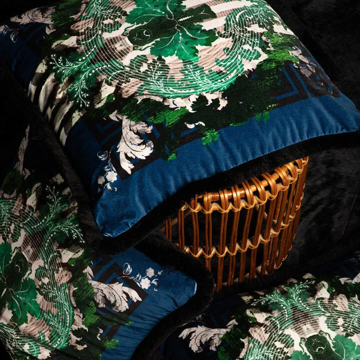 totem damask navy and green fringed cushion