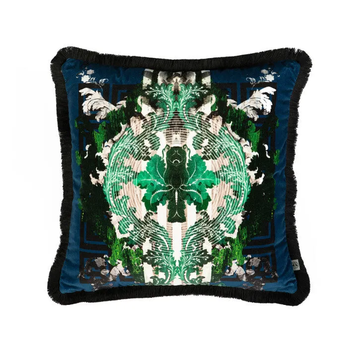 totem damask navy and green fringed cushion