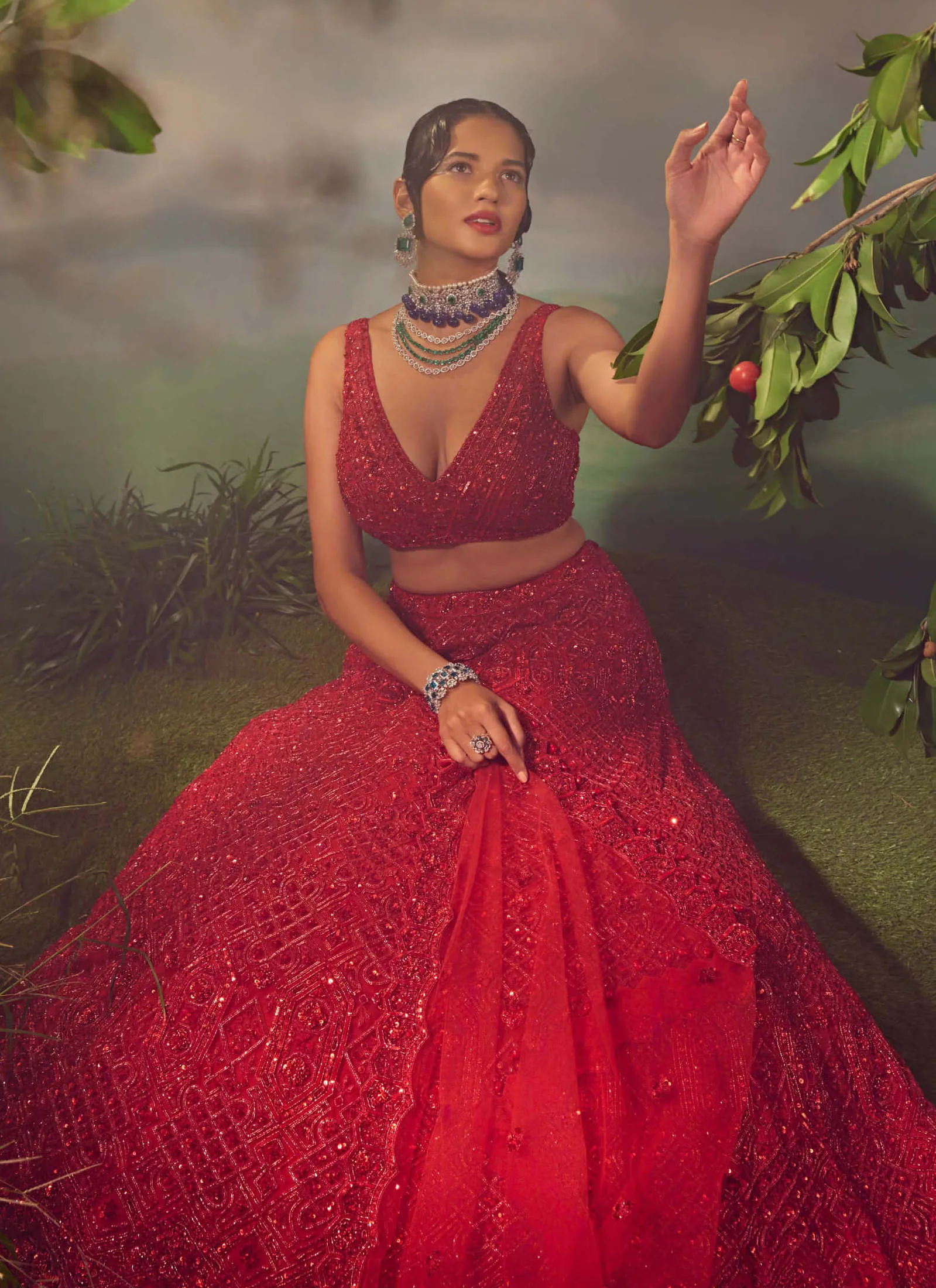 True red tulle embroidered lehenga set