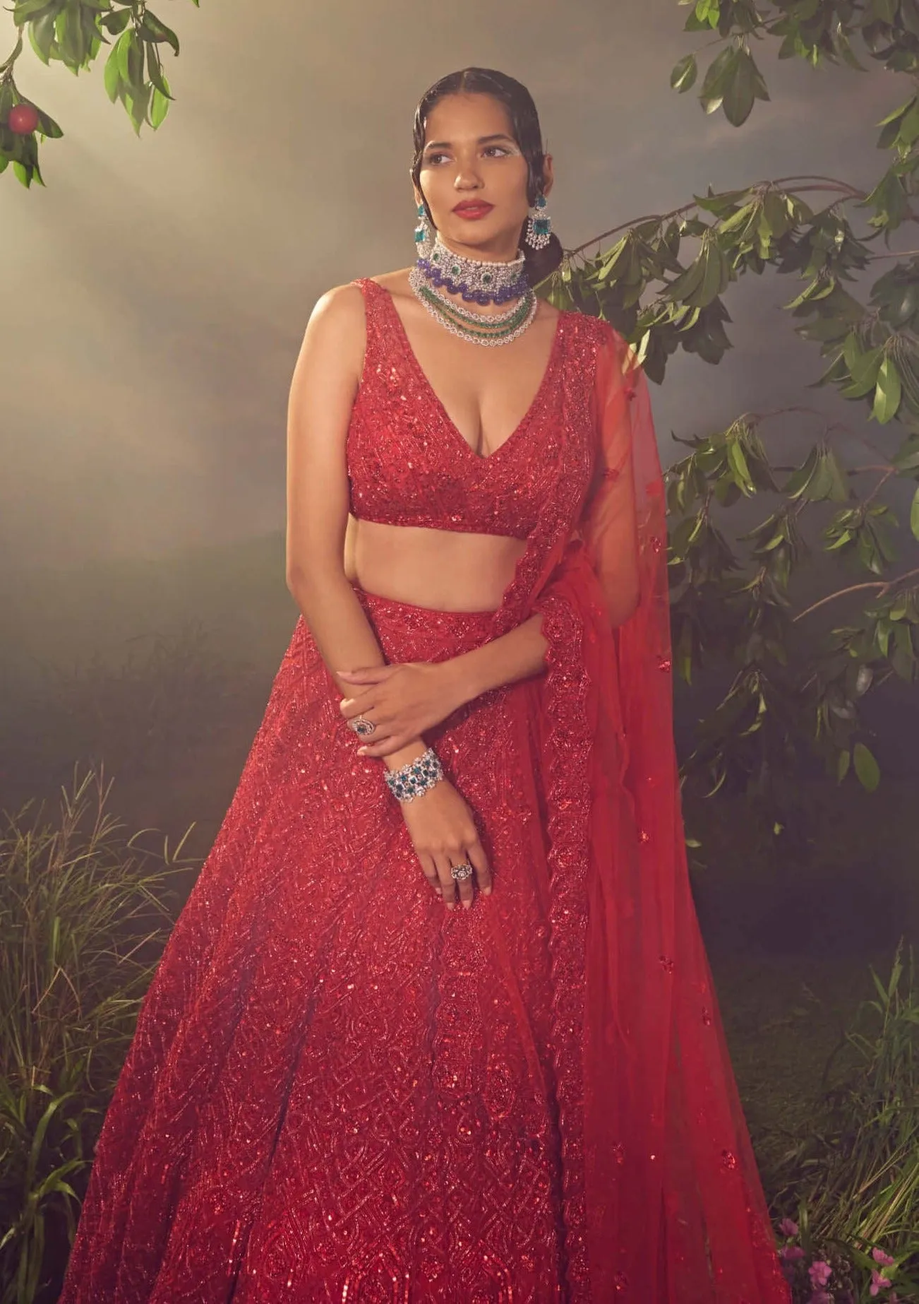 True red tulle embroidered lehenga set