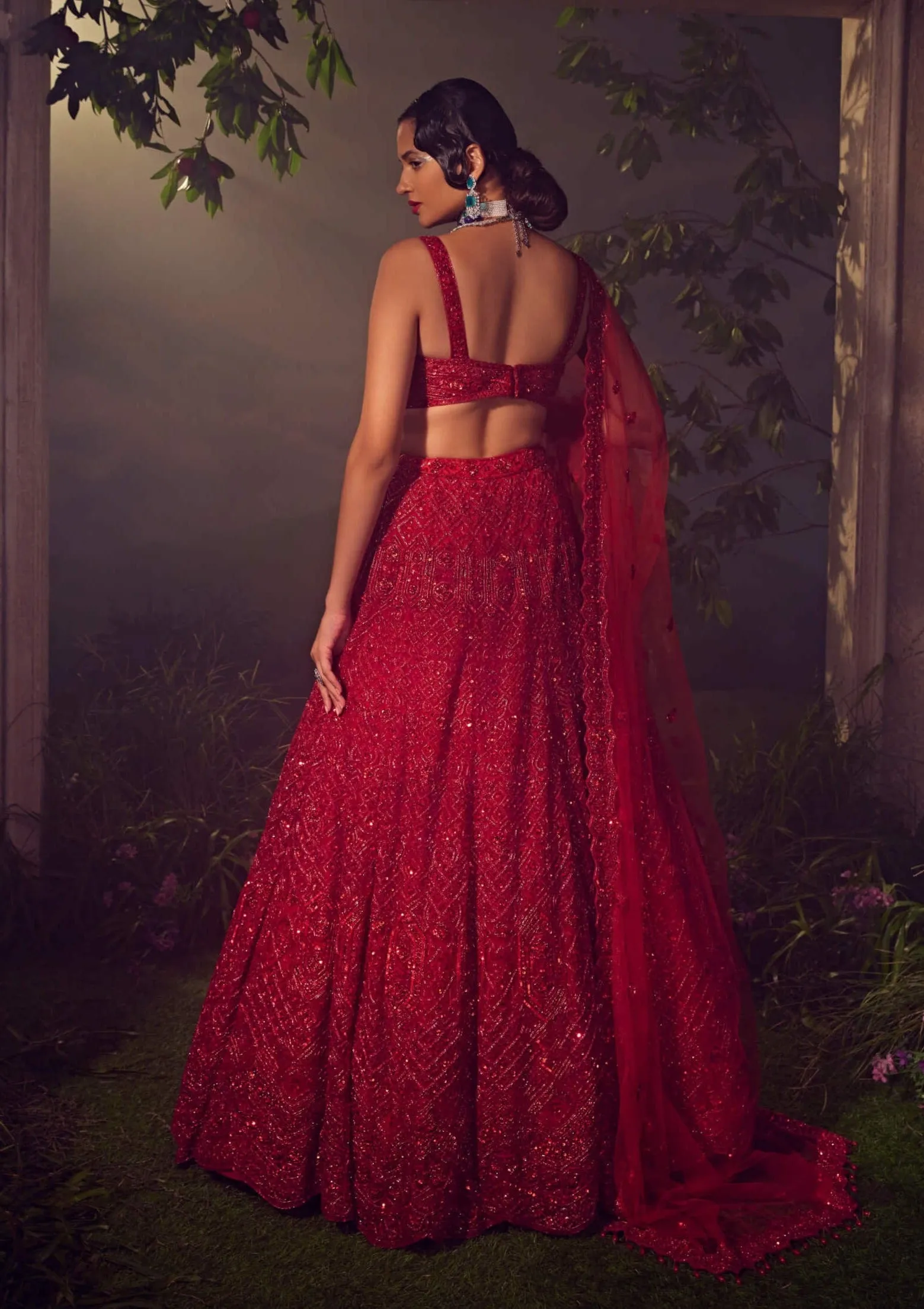True red tulle embroidered lehenga set