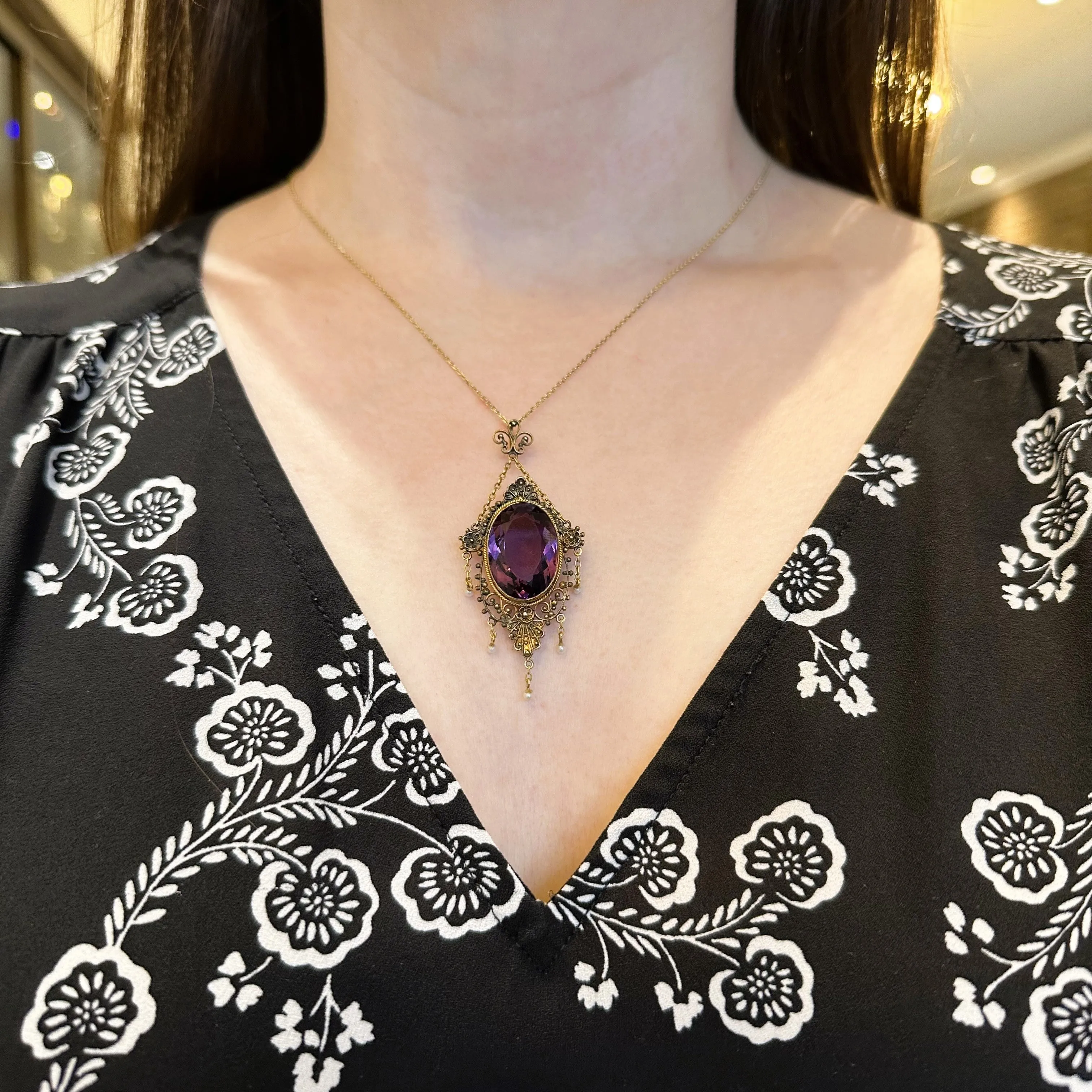 Victorian 14K Yellow Gold 16.00 Carat Amethyst and Pearl Pendant