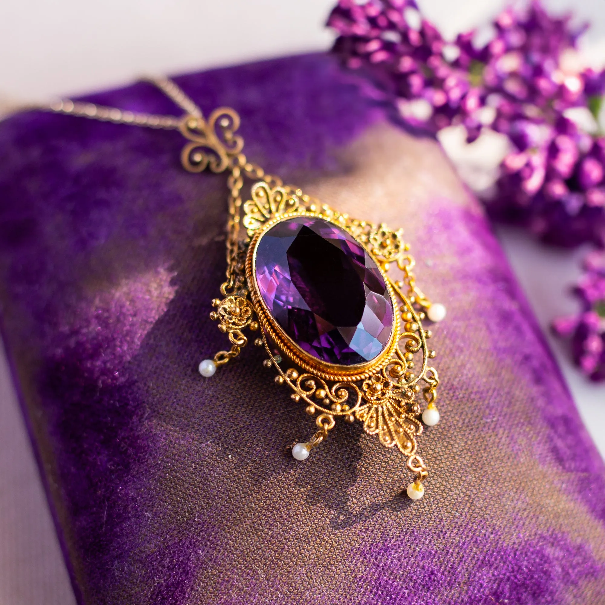 Victorian 14K Yellow Gold 16.00 Carat Amethyst and Pearl Pendant