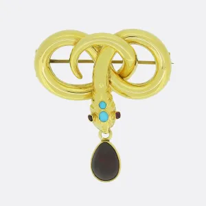 Victorian Garnet and Turquoise Snake Brooch