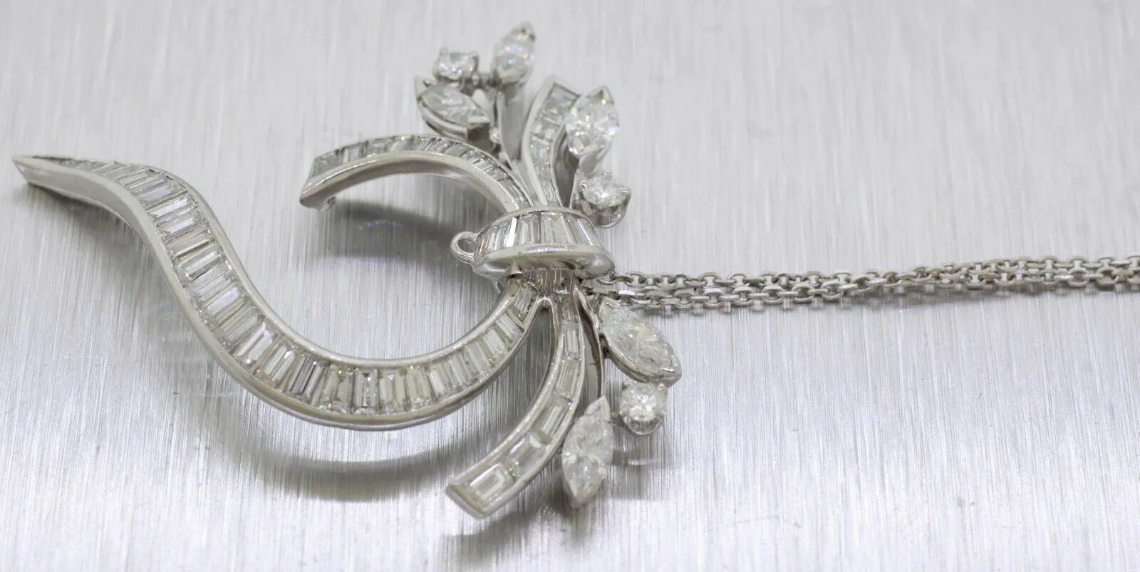 Vintage 3ctw Diamond Swirl Leaf Pendant - 16" Necklace - 14k White Gold