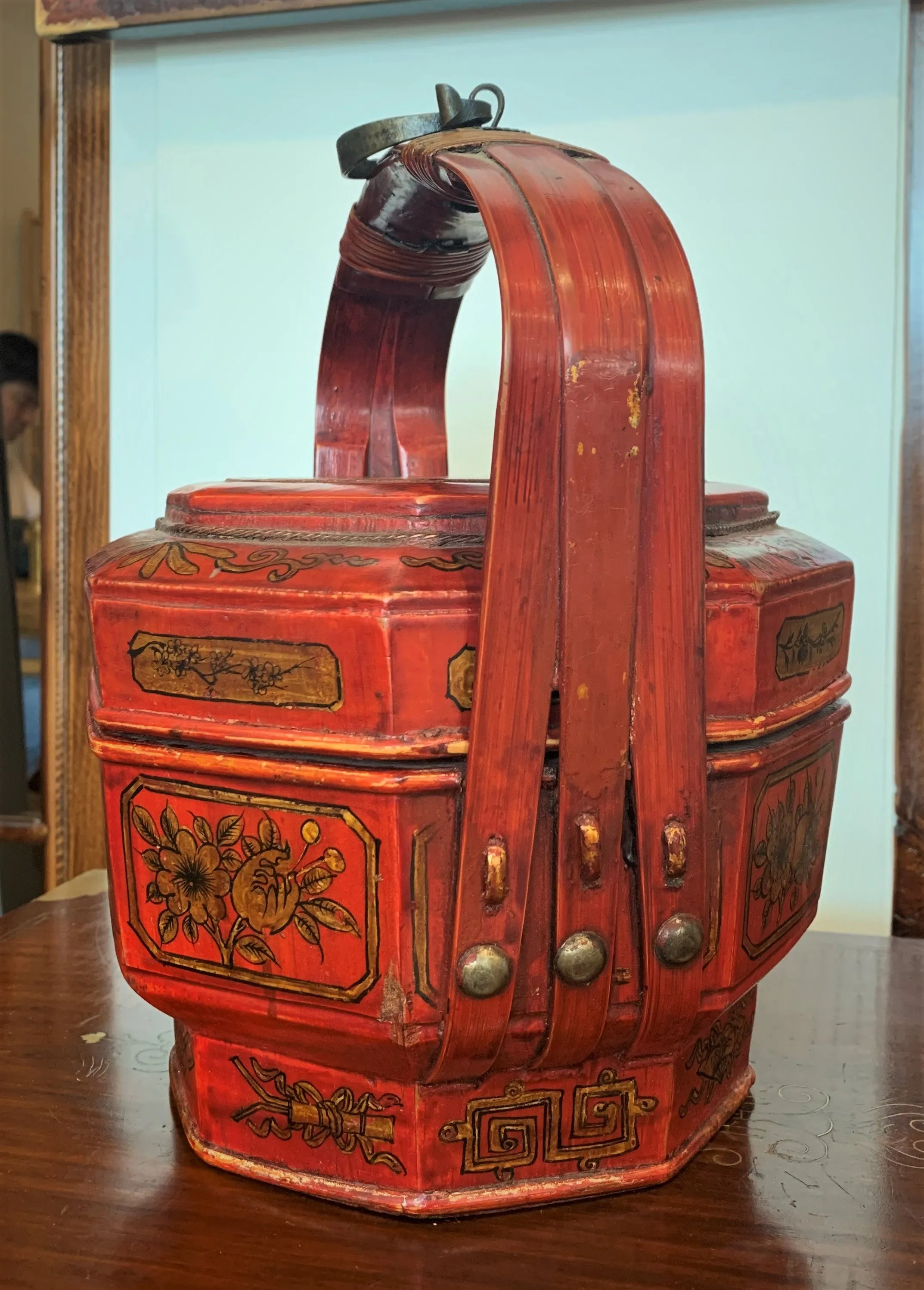 Vintage  Chinese Basket Red Lacquer With Floral