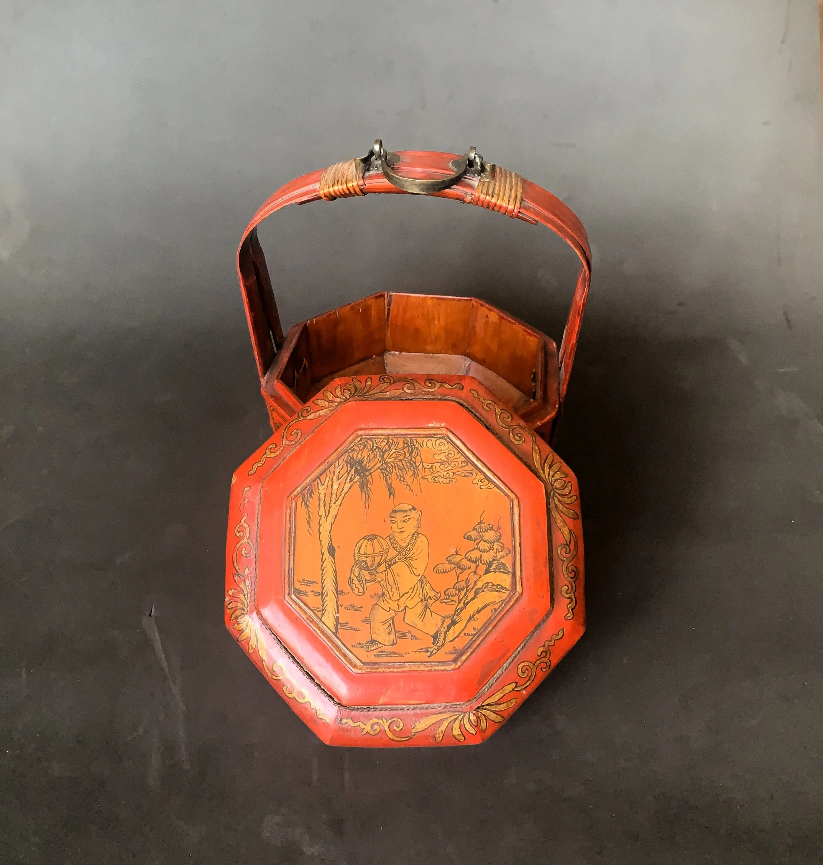 Vintage  Chinese Basket Red Lacquer With Floral