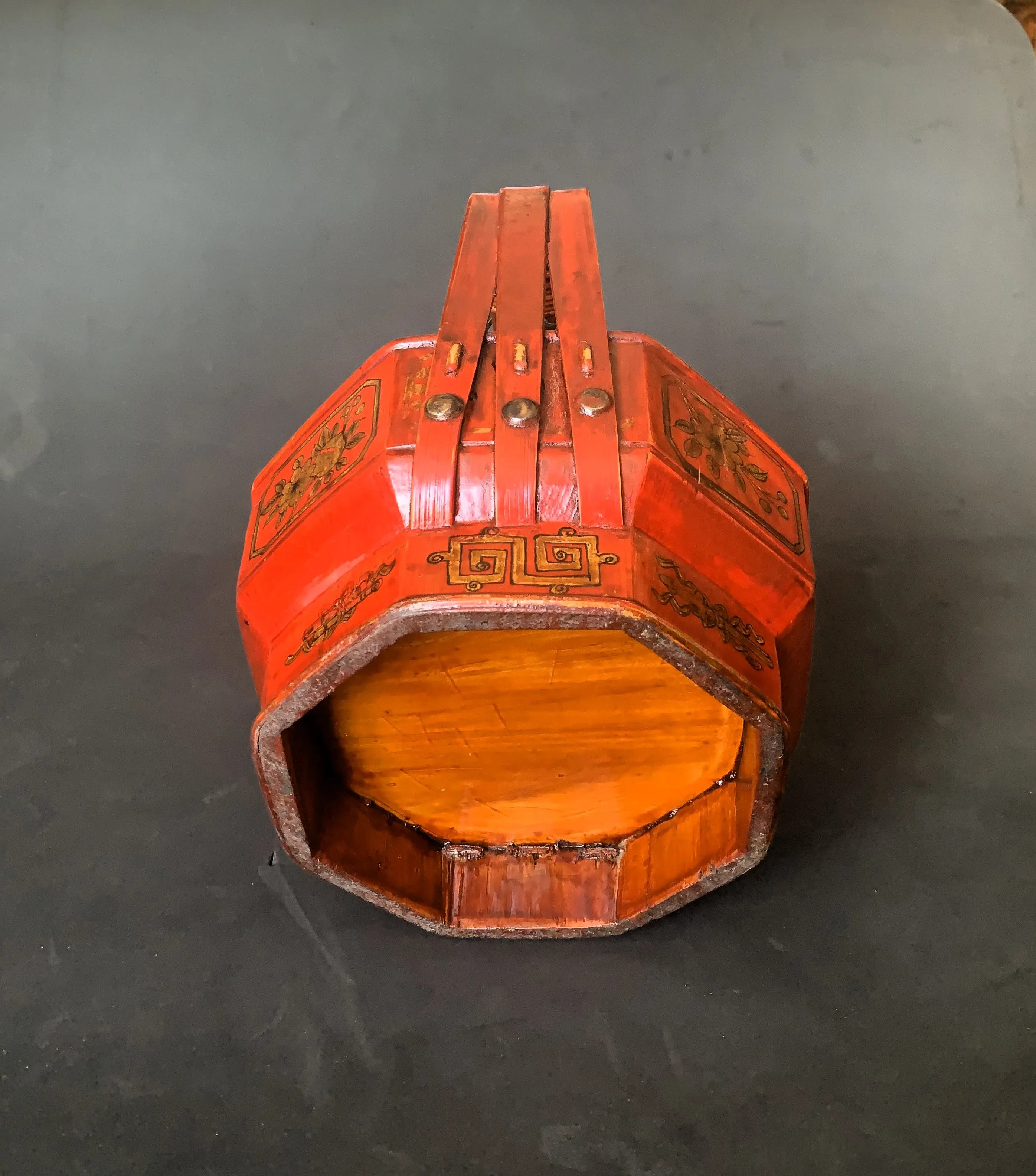 Vintage  Chinese Basket Red Lacquer With Floral
