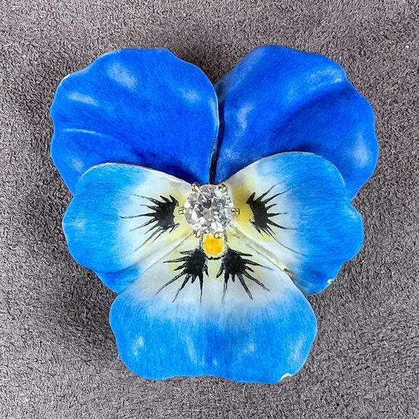 Vintage Diamond Enamel Pansy Pin