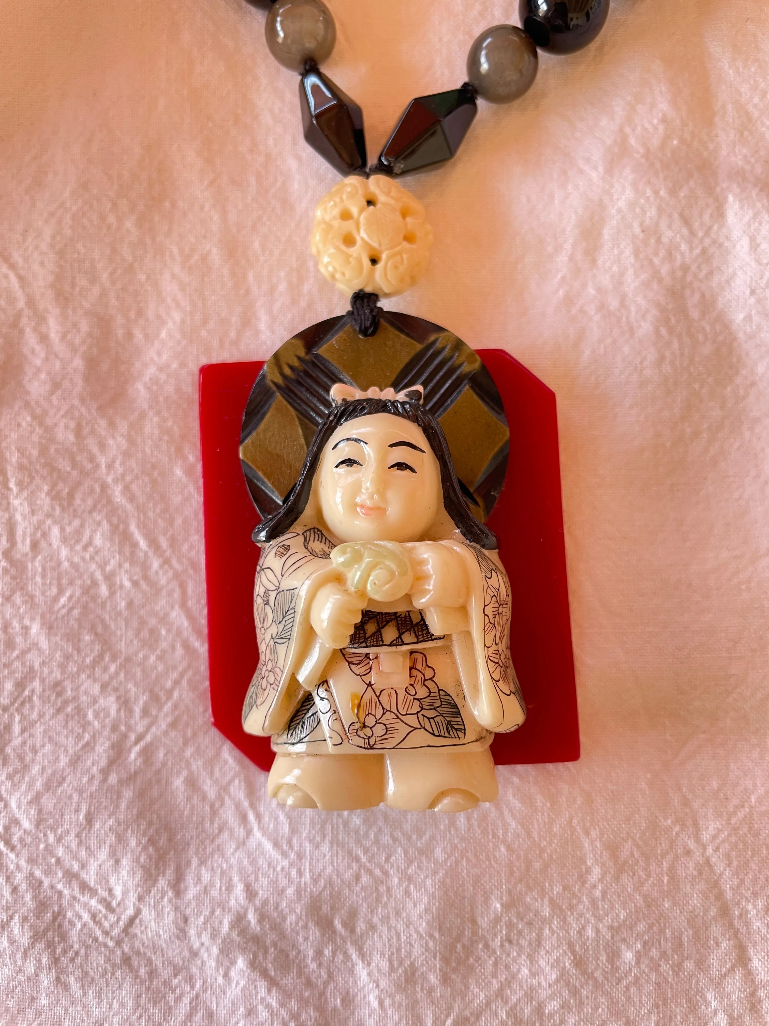 Vintage Millie Sandra Burton Long Necklace Netsuke Girl Carving
