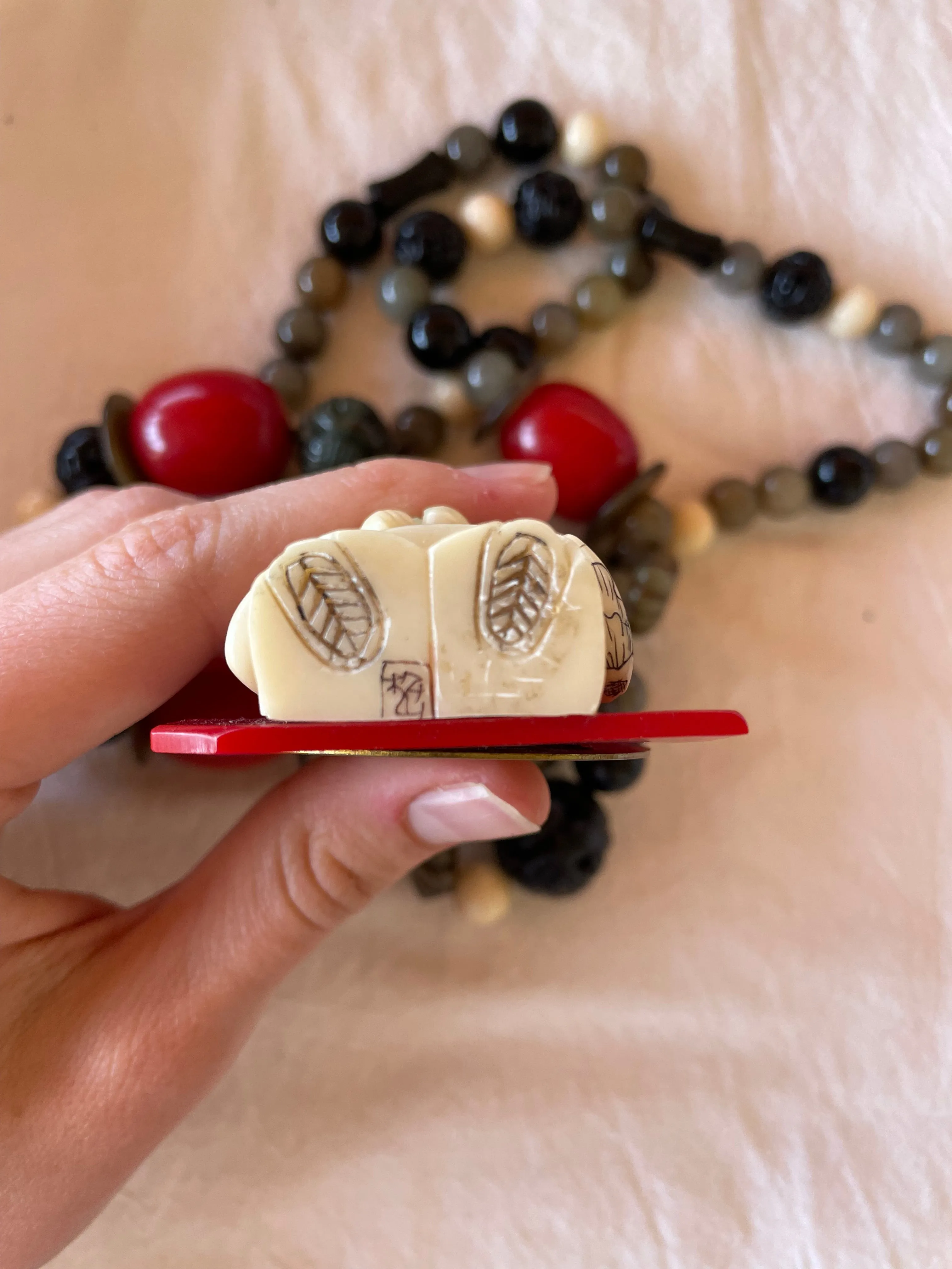 Vintage Millie Sandra Burton Long Necklace Netsuke Girl Carving