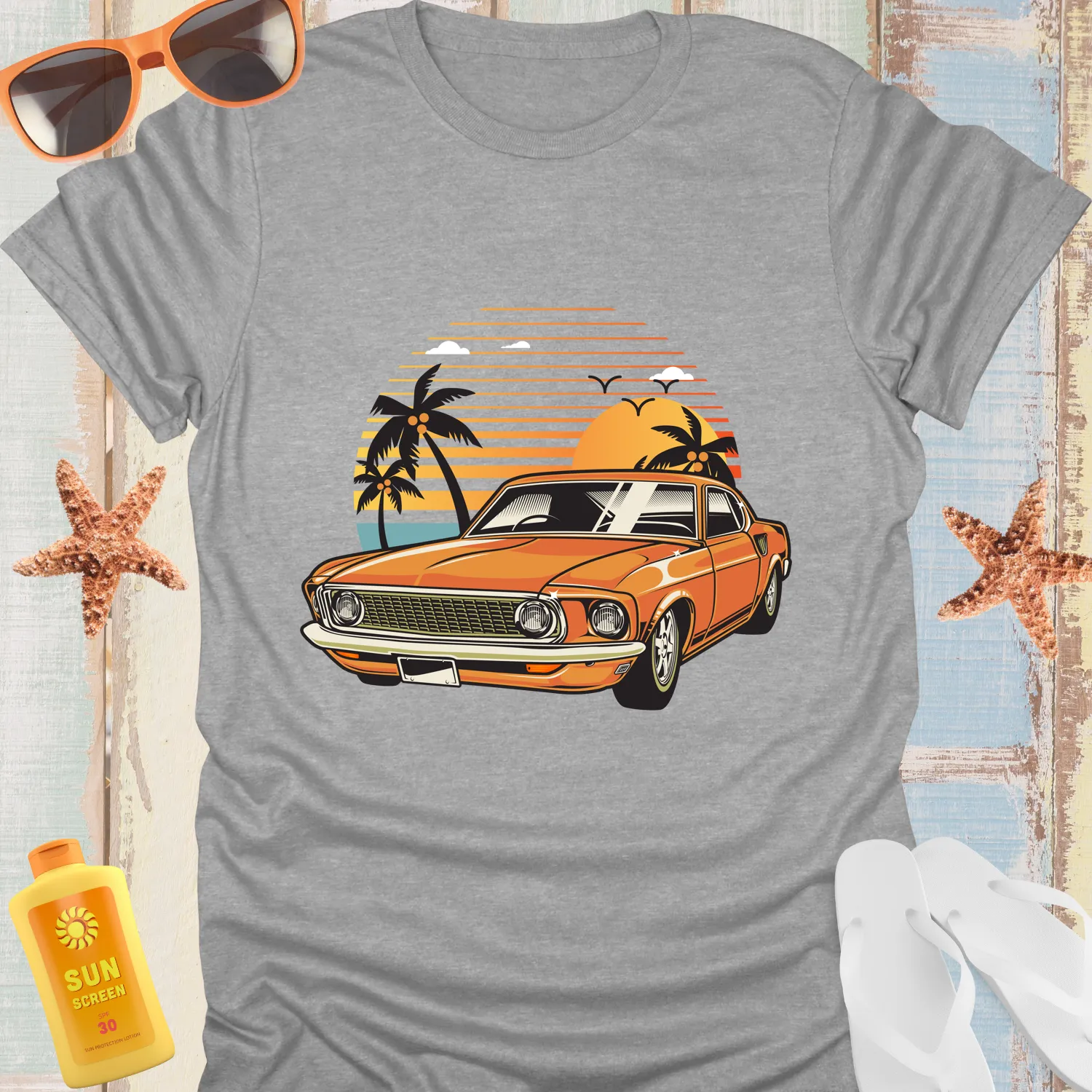 Vintage Muscle Car Tshirt Orange Classic Beach Vibes