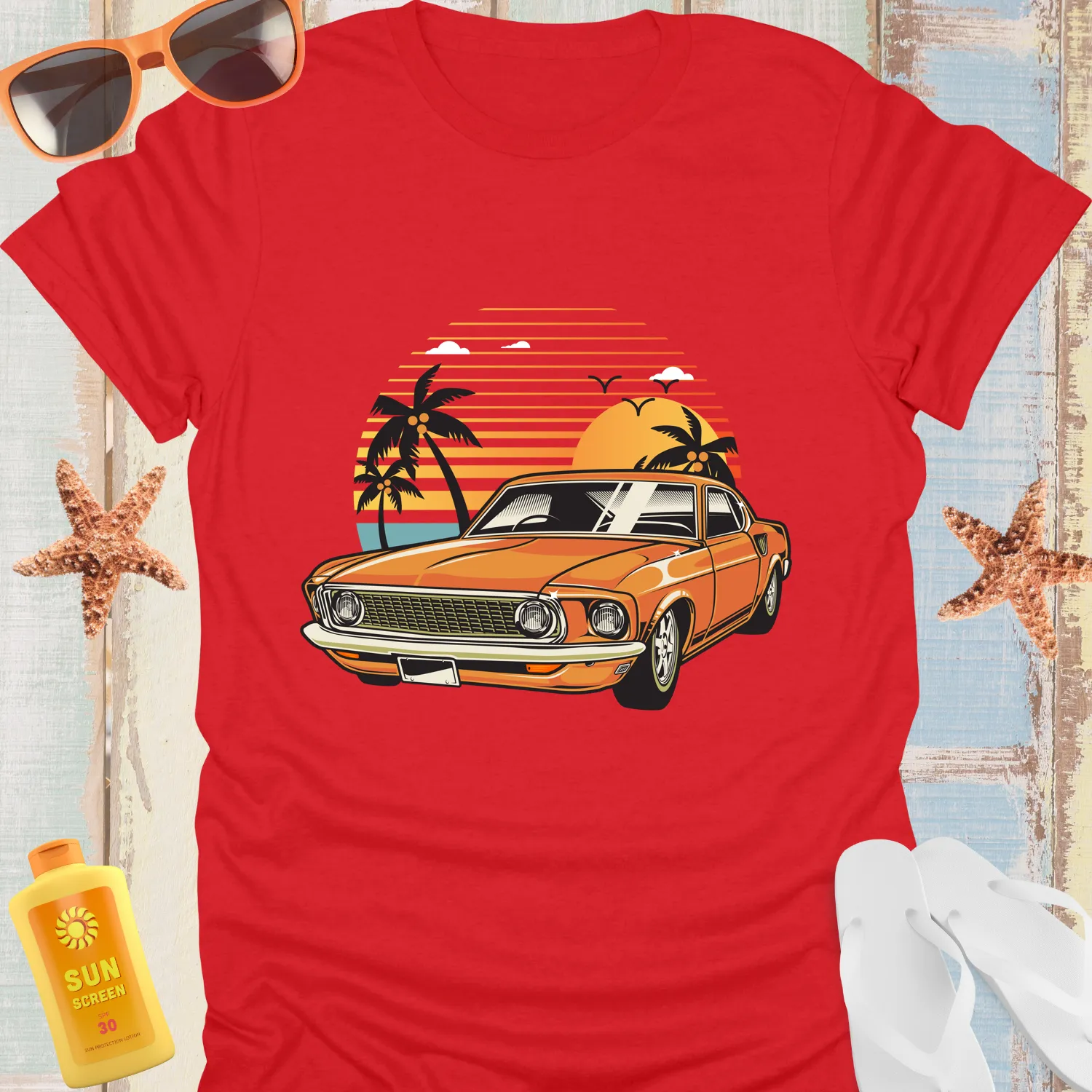 Vintage Muscle Car Tshirt Orange Classic Beach Vibes