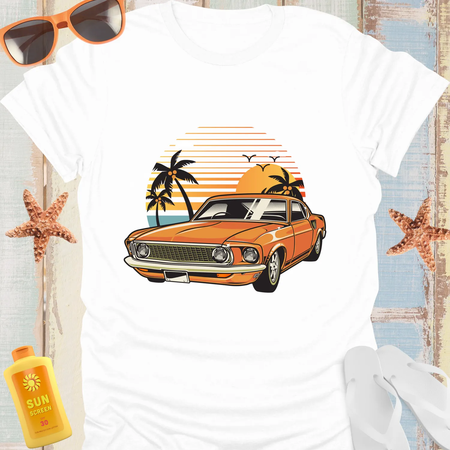 Vintage Muscle Car Tshirt Orange Classic Beach Vibes