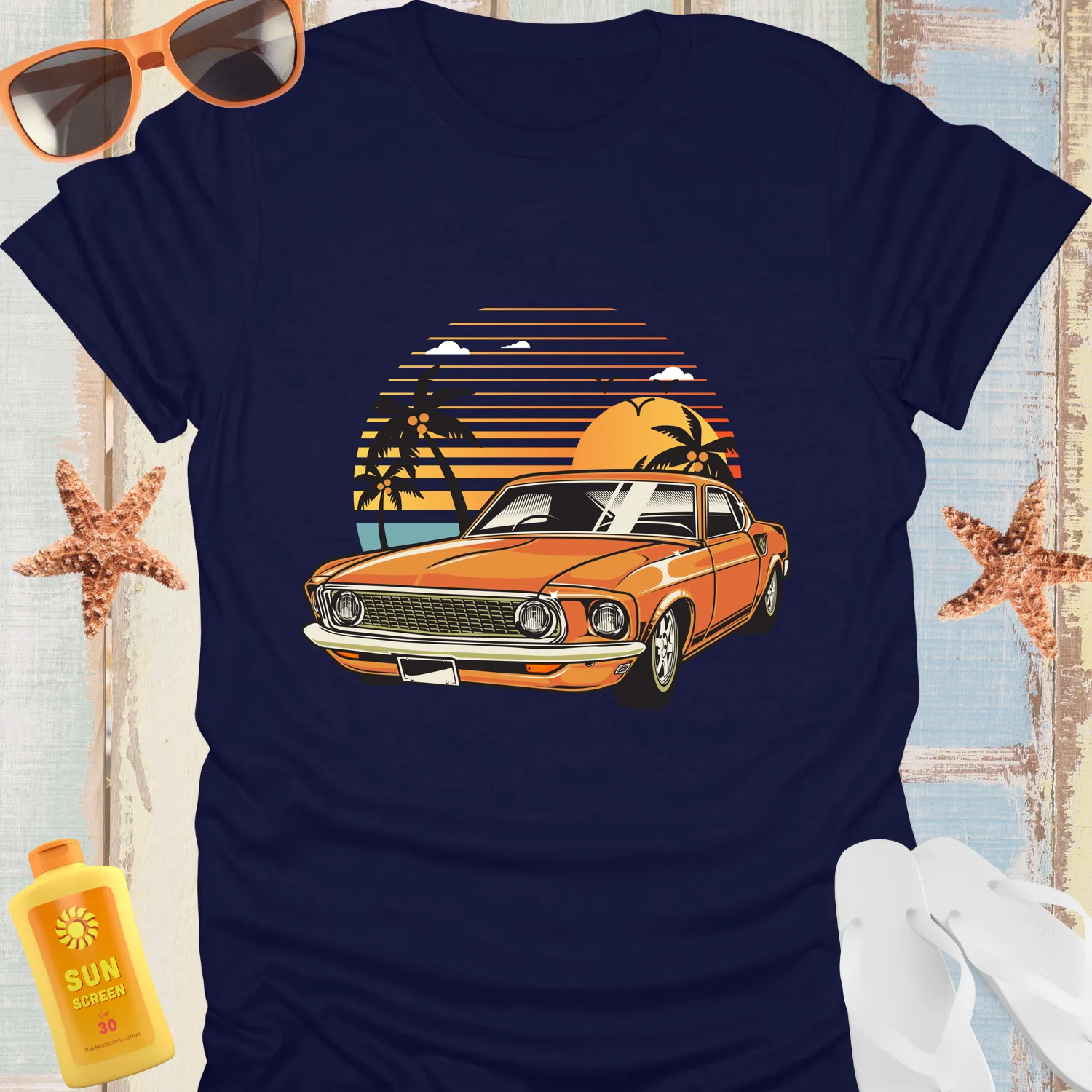 Vintage Muscle Car Tshirt Orange Classic Beach Vibes