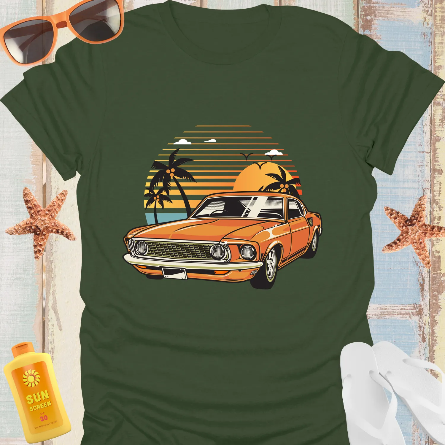 Vintage Muscle Car Tshirt Orange Classic Beach Vibes