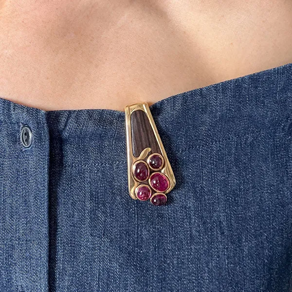 Vintage Paul Binder Tourmaline & Wood Clip Pin