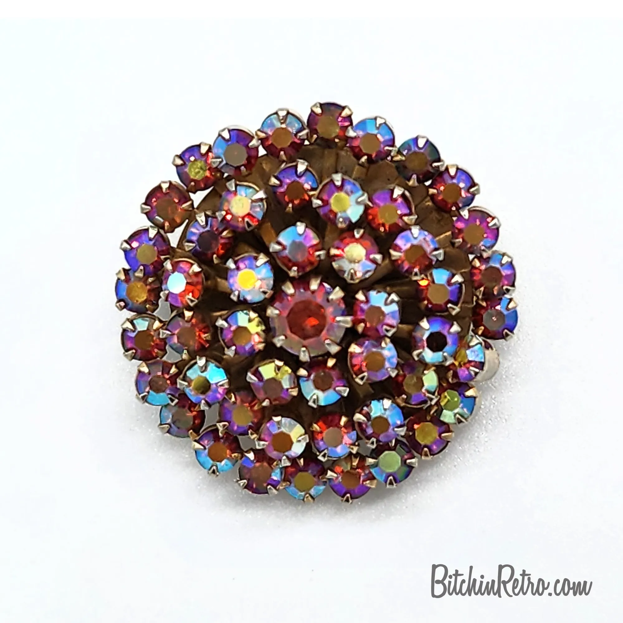 Vintage Rhinestone Brooch in Cranberry Gold Aurora Borealis Stones