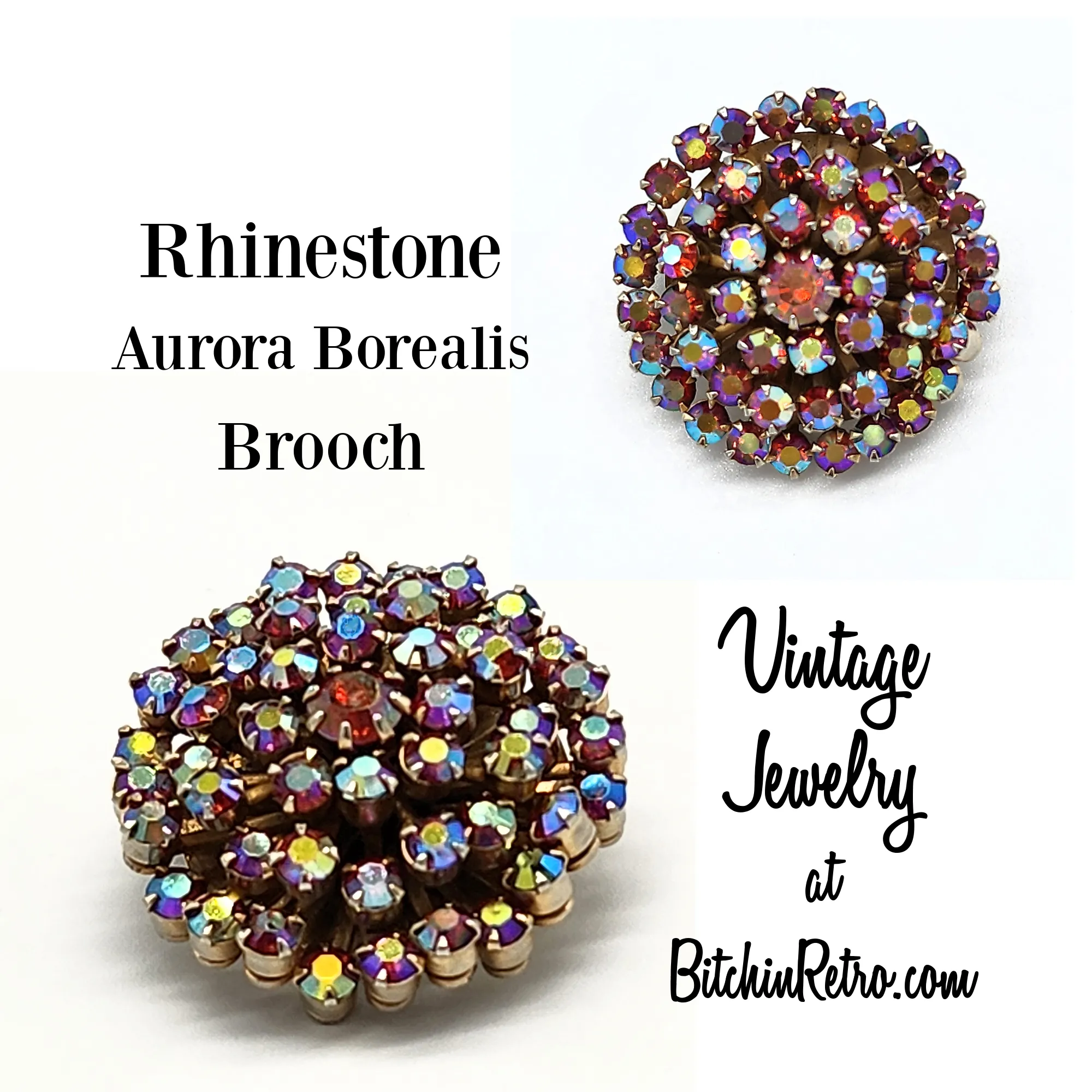 Vintage Rhinestone Brooch in Cranberry Gold Aurora Borealis Stones