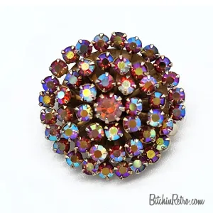 Vintage Rhinestone Brooch in Cranberry Gold Aurora Borealis Stones